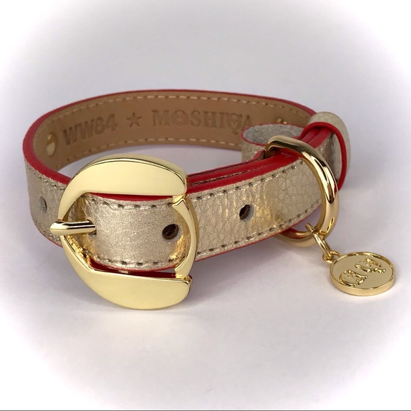 MOSHIQA Gold Leather Dog Collar Wonder Woman WW84 Size M Luxury Metallic Fancy - Picture 2 of 16